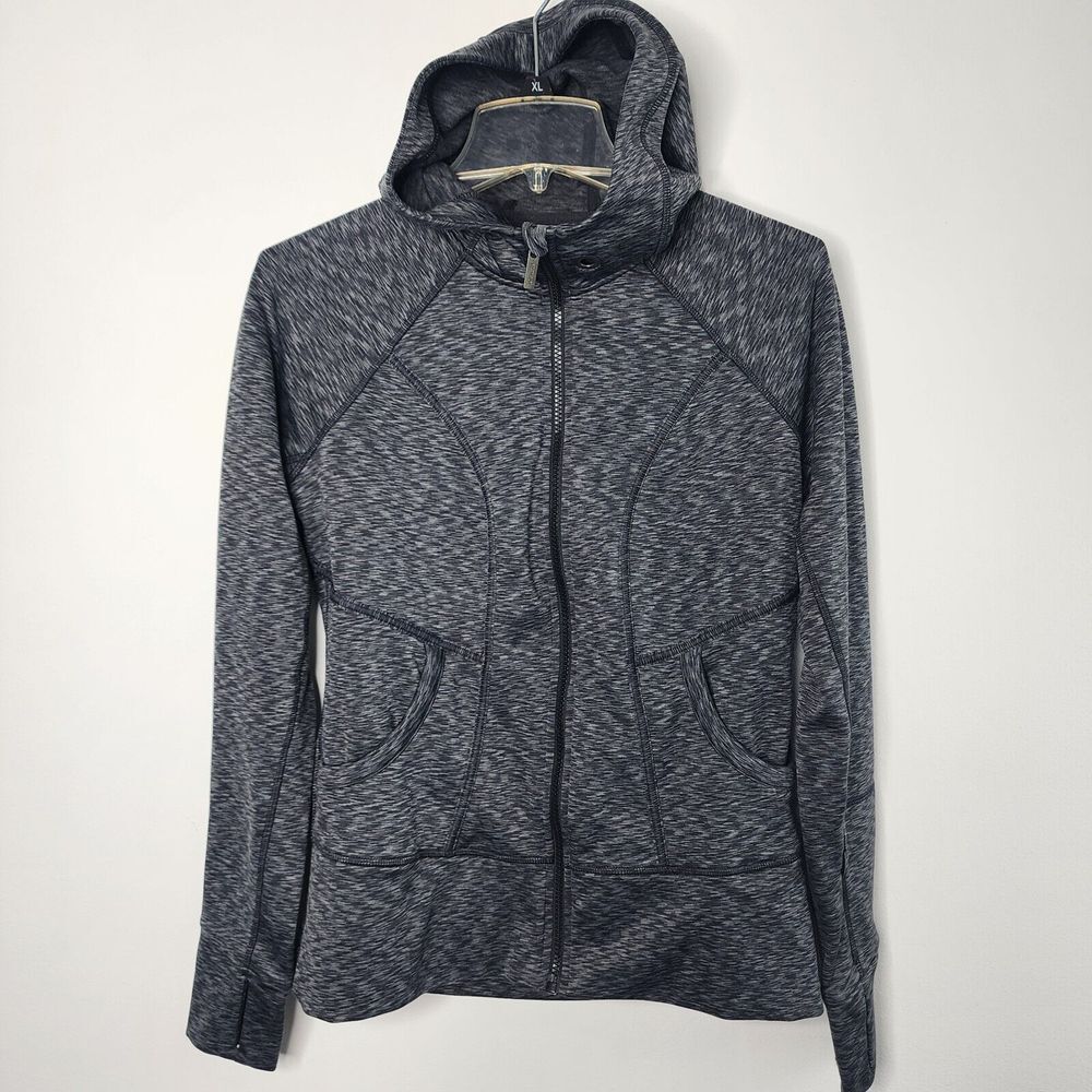 Athleta Hoodie Women M Black‎ Gray Full Zip Hooded Fleece Performance READ